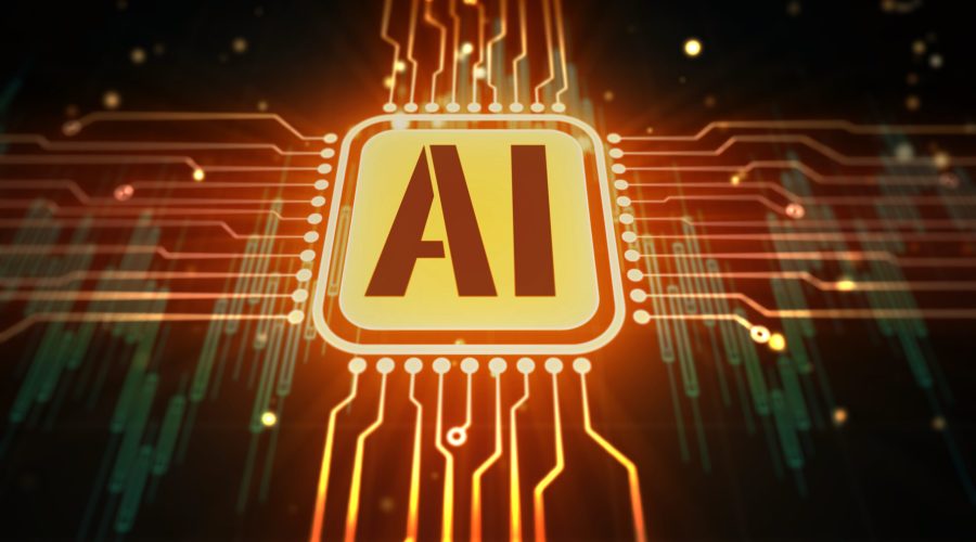 Abbreviation is Artificial Intelligence on a microchip. Machine learning concept. 3D Rendering