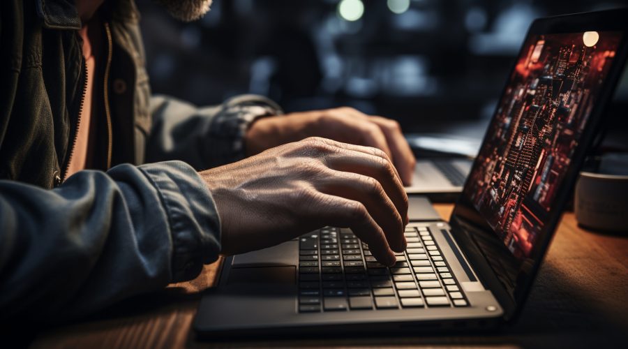 A man working late at night, typing on laptop indoors generated by artificial intelligence