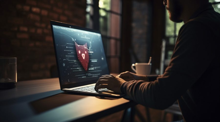 Young adult businessman sitting at desk typing generated by artificial intelligence